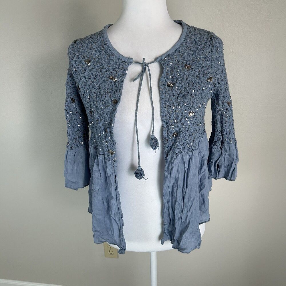 Scandal Italy Cardigan Lagenlook Small Light Blue Sequin Embellished Peasant Top